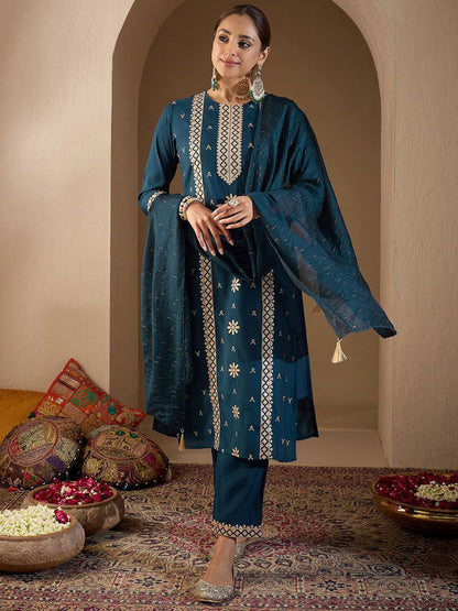 Women Ethnic Motifs Embroidered Regular Sequinned Kurta with Trousers & With Dupatta