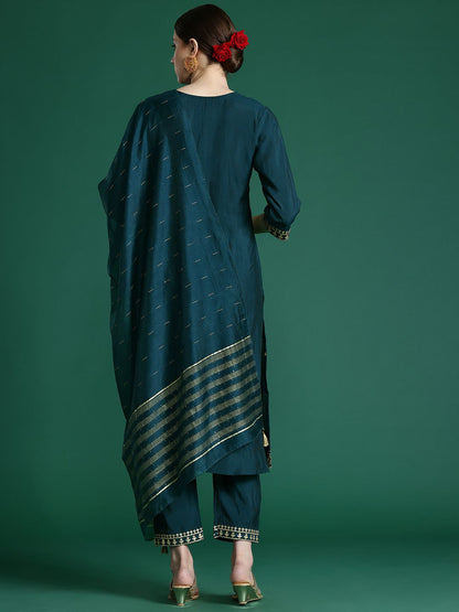 Women Embroidered Regular Sequinned Chanderi Silk Kurta with Trousers & With Dupatta