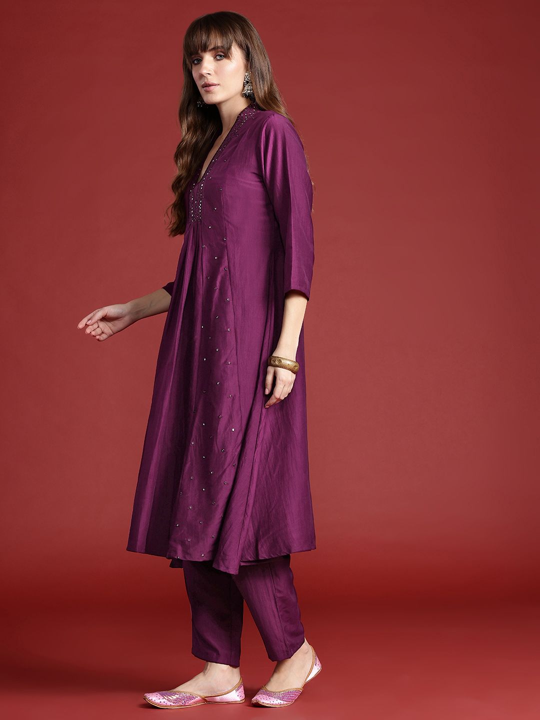 Embroidered Panelled Sequinned Kurta with Trousers