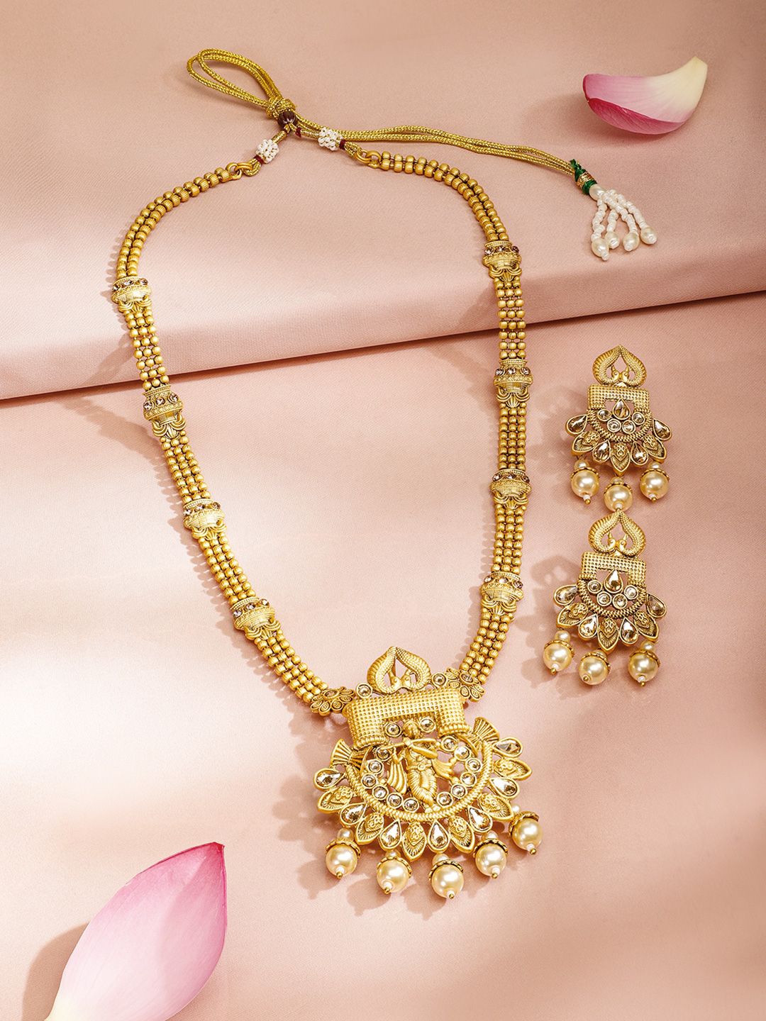 Dhiyona RJ Women's 22K Gold-Plated Kundan Studded Divine Krishna Motif Jewellery Set with Pearl Drops