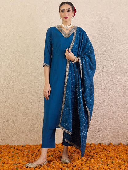 Dhiyona IE Ethnic Motifs Embroidered Regular V-Neck Straight Kurta With Trousers & Dupatta