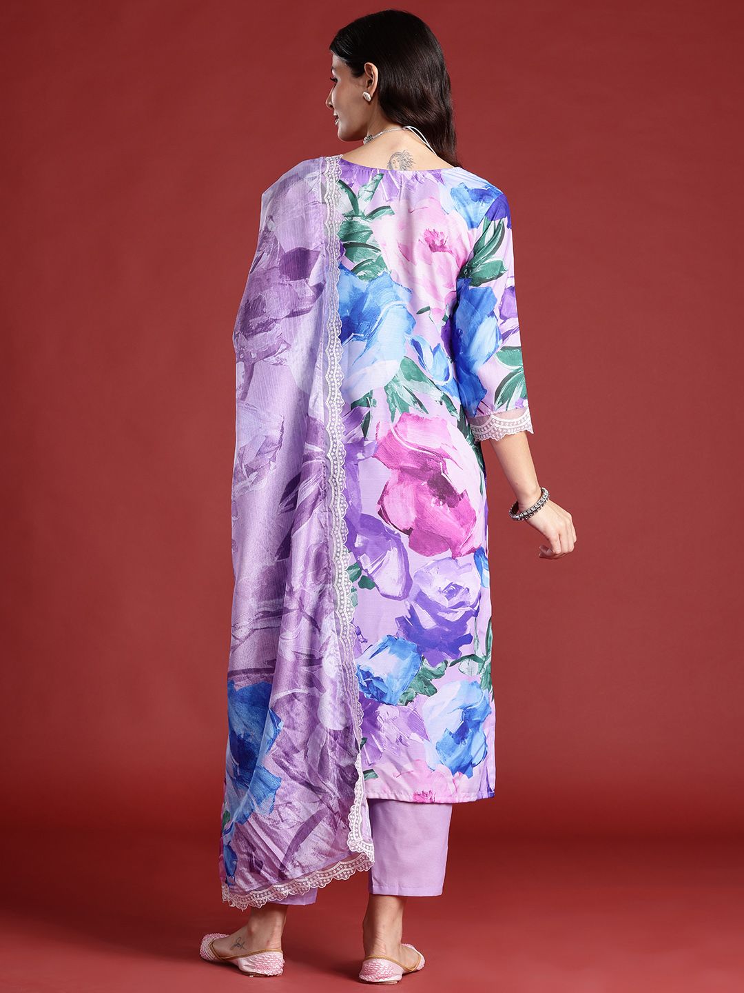 Floral Printed Thread Work Kurta with Trousers & Dupatta