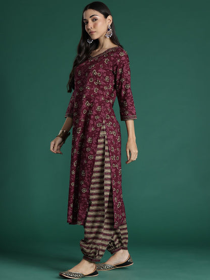 Dhiyona IE Women Floral Printed Regular Pure Cotton Kurta with Salwar & With Dupatta