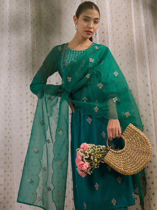 Dhiyona IE Ethnic Motifs Embroidered Round Neck Straight Kurta with Trousers & Dupatta