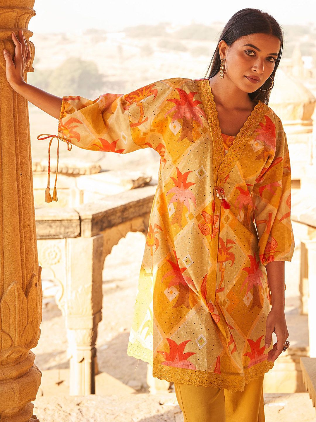 Floral Self Design Beads And Stones V-Neck A-Line Pure Cotton Kurta With Trousers