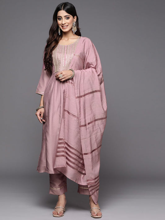 Dhiyona VA Women's Rose Embroidered Empire Kurta with Trousers & With Dupatta