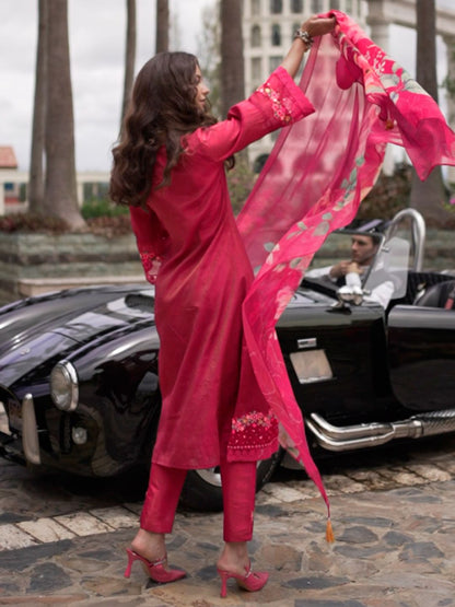 Dhiyona IE Floral Embroidered Kurta With Trousers & Dupatta