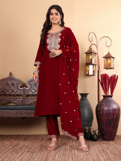 Dhiyona VA Women'sMaroon Floral Yoke Design Sequinned Velvet Straight Kurta with Trousers & Dupatta