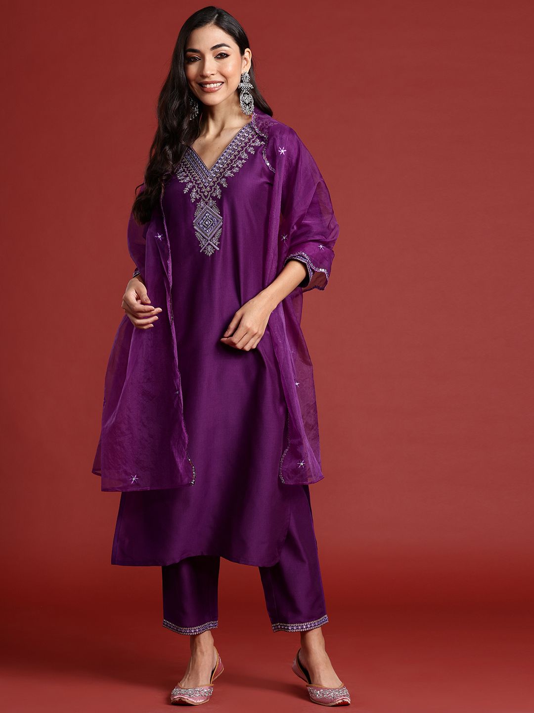 Ethnic Motifs Yoke Design Thread Work Kurta With Trousers & Dupatta