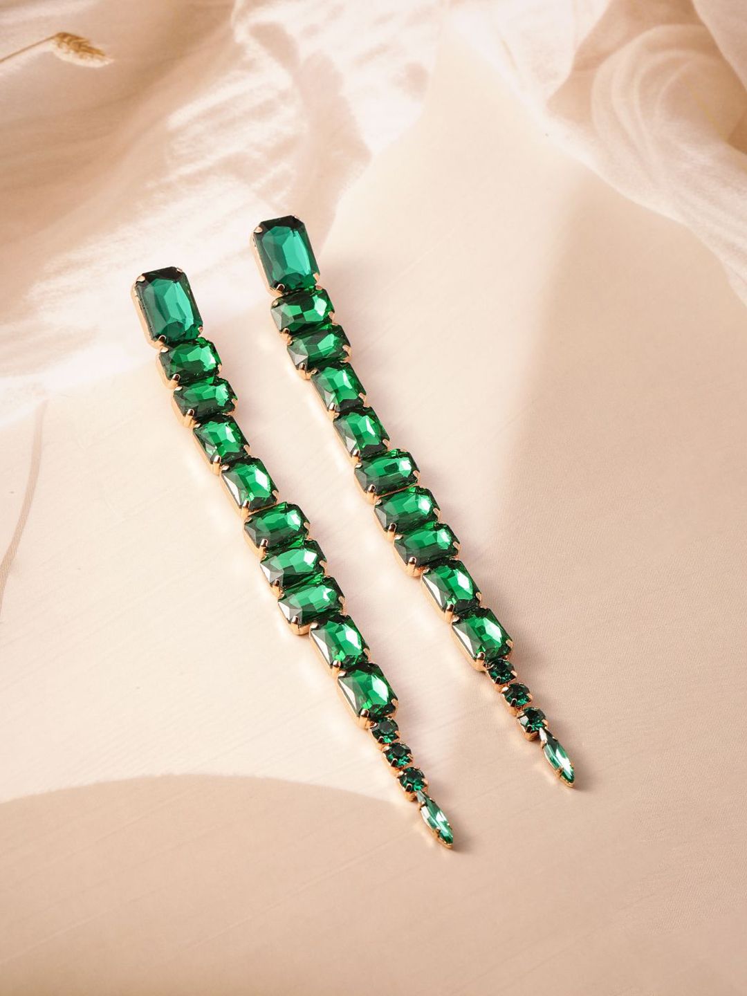 Dhiyona RJ Women's 18KT Gold Plated Emerald Studded Glamorous Shoulder Duster Drop Earrings