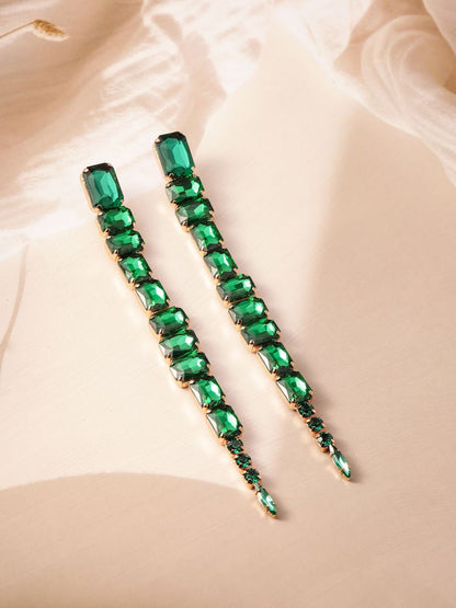 Dhiyona RJ Women's 18KT Gold Plated Emerald Studded Glamorous Shoulder Duster Drop Earrings