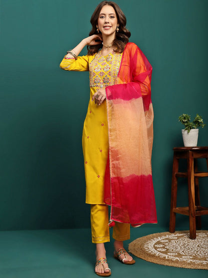 Dhiyona SN Women's Embroidered Round Neck Straight Kurta With Trousers & Dupatta