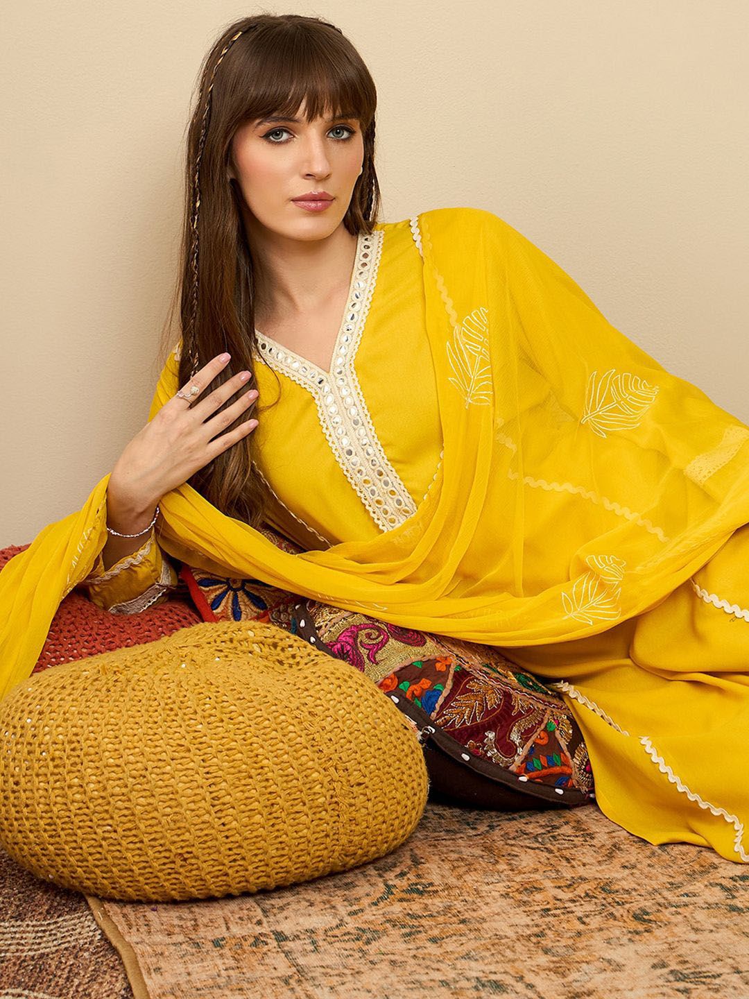 Dhiyona IE Straight Mirror Work Kurta with Trousers & Dupatta