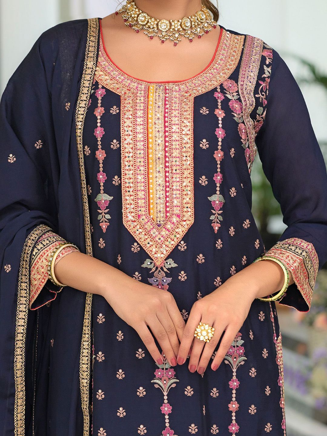 Floral Embroidered Round Neck Sequinned Straight Kurta With Palazzos & Dupatta