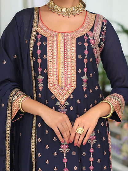 Floral Embroidered Round Neck Sequinned Straight Kurta With Palazzos & Dupatta