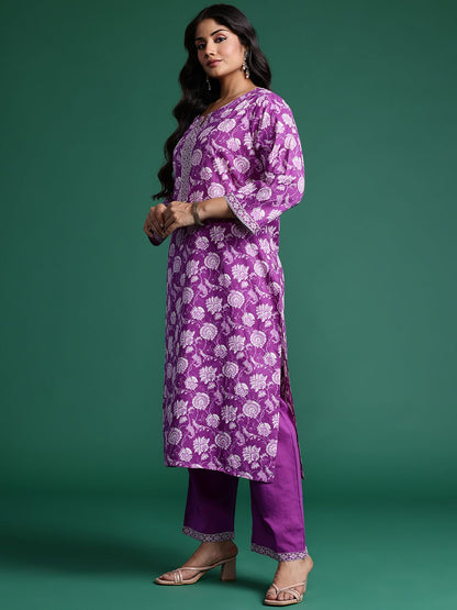 Dhiyona IE Plus Size Floral Printed Mirror Work Pure Cotton Kurta Set