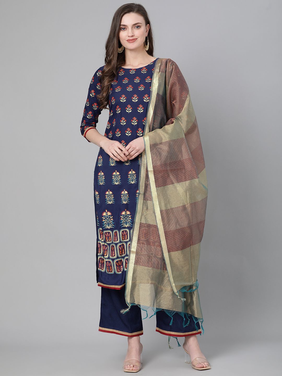 Women Navy Blue & Green Foil Print Kurta with Palazzos & Dupatta