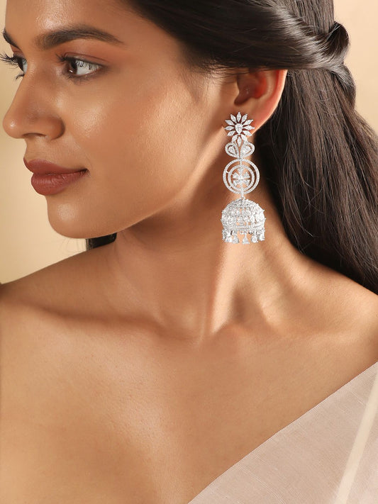 Dhiyona RJ Women's Rhodium Plated AAA Cubic Zirconia Studded Premium Long Jhumka Earrings