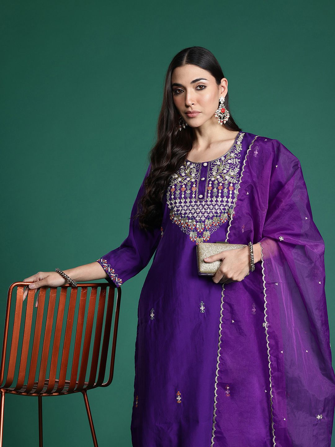 Ethnic Motifs Embroidered Sequinned Kurta with Trousers & With Dupatta