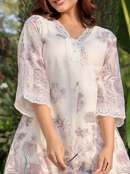 Floral Printed V Neck A Line Pure Cotton Kurta With Trousers