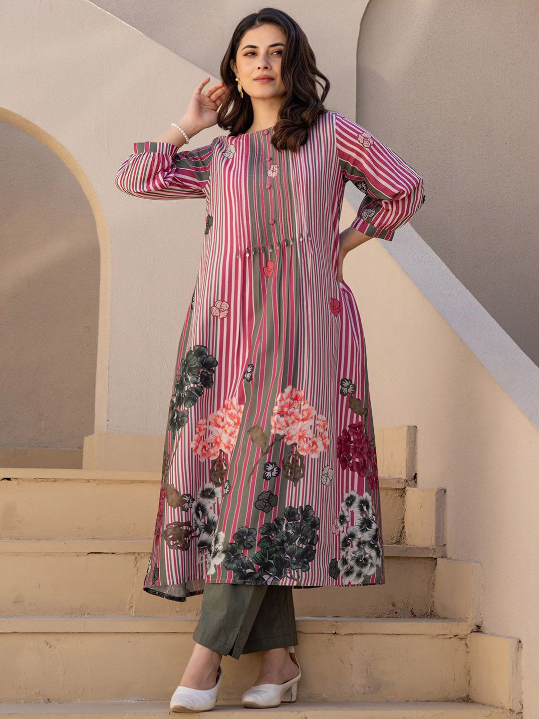 Dhiyona IE Indo era Printed Pure Cotton Round Neck Top With Trousers Co-Ords Set