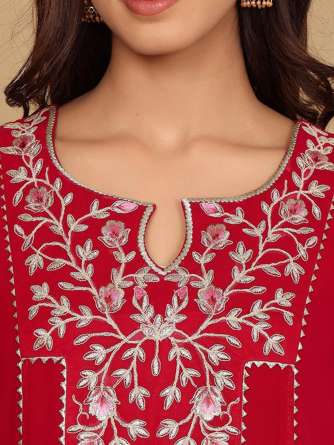 Dhiyona VA Women's Floral Embroidered Silk Georgette A-Line Kurta with Trousers & Dupatta