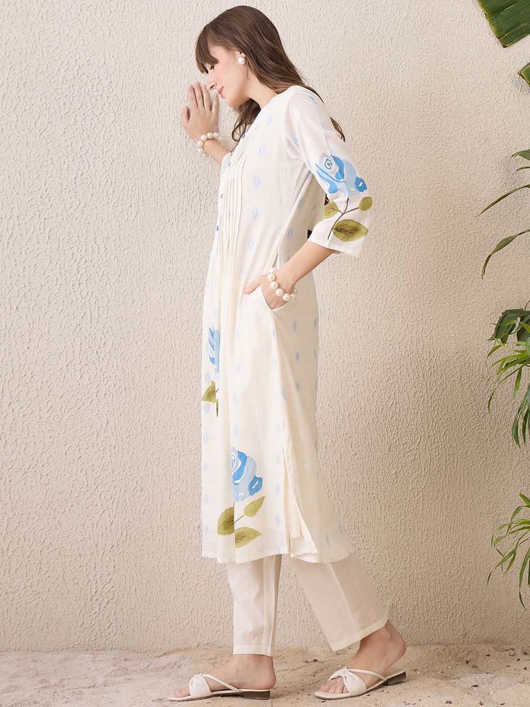 Floral Printed Notch Neck Pure Cotton A-Line Kurta With Trousers