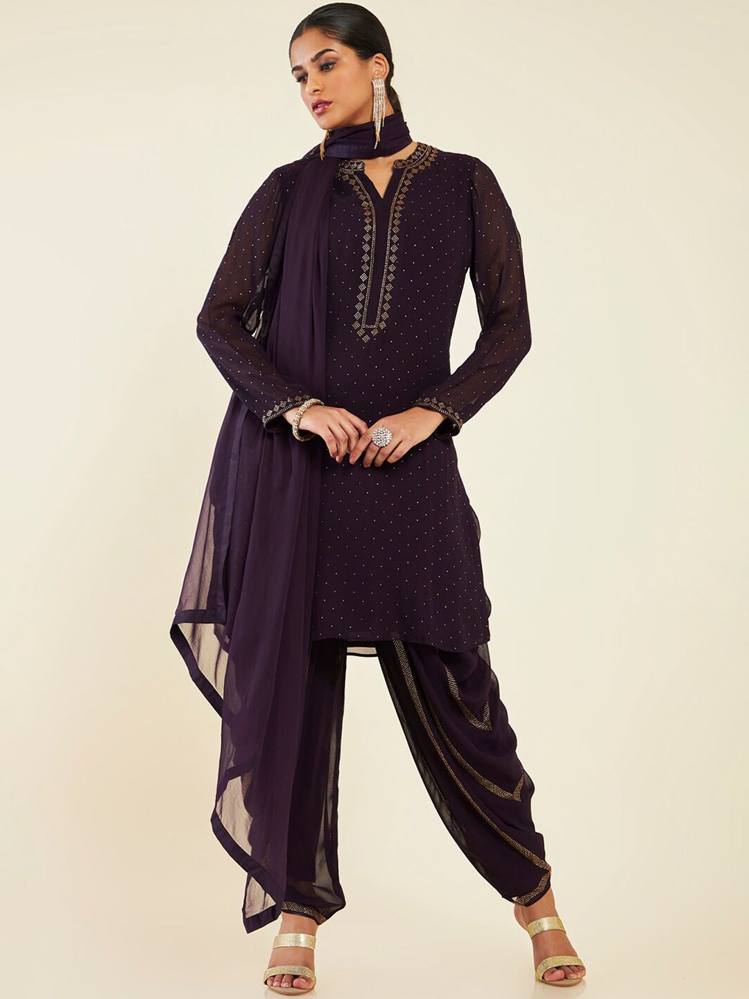 Dhiyona SO Women's Self Design Beads and Stones Kurta With Dhoti Pants & With Dupatta