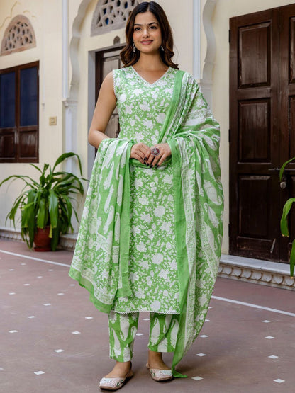 Dhiyona IE Floral Printed Pure Cotton Kurta With Trousers & Dupatta