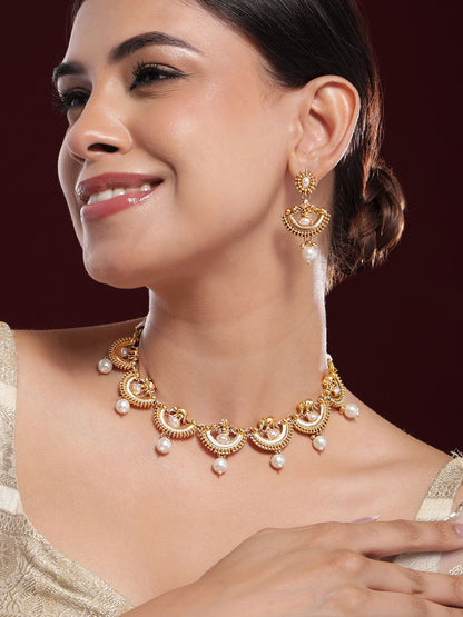 Dhiyona RJ Women's 18K Gold-Plated Pearl and Kundan Studded Temple Necklace Set