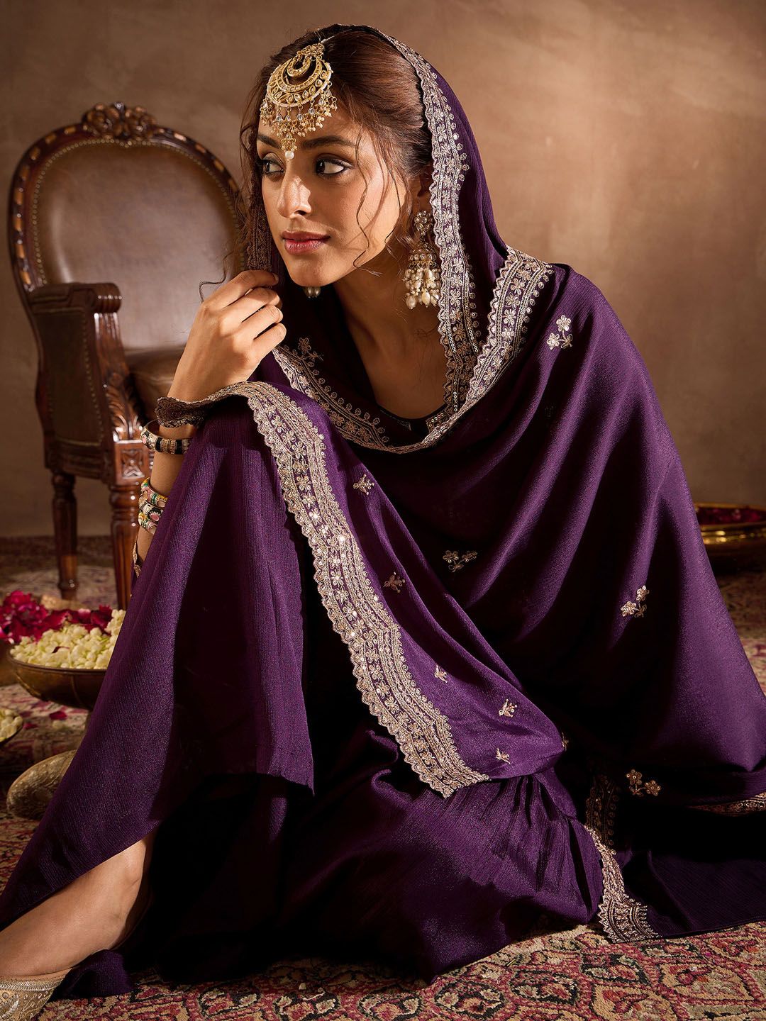 Dhiyona IE Ethnic Motifs Embroidered Sequinned Straight Kurta With Sharara & Dupatta