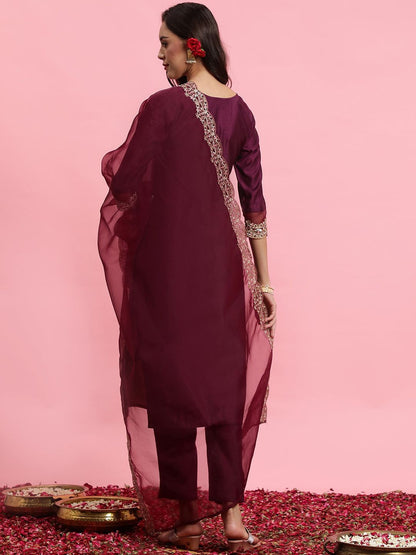 Floral Embroidered Yoke Design Kurta with Trousers & With Dupatta
