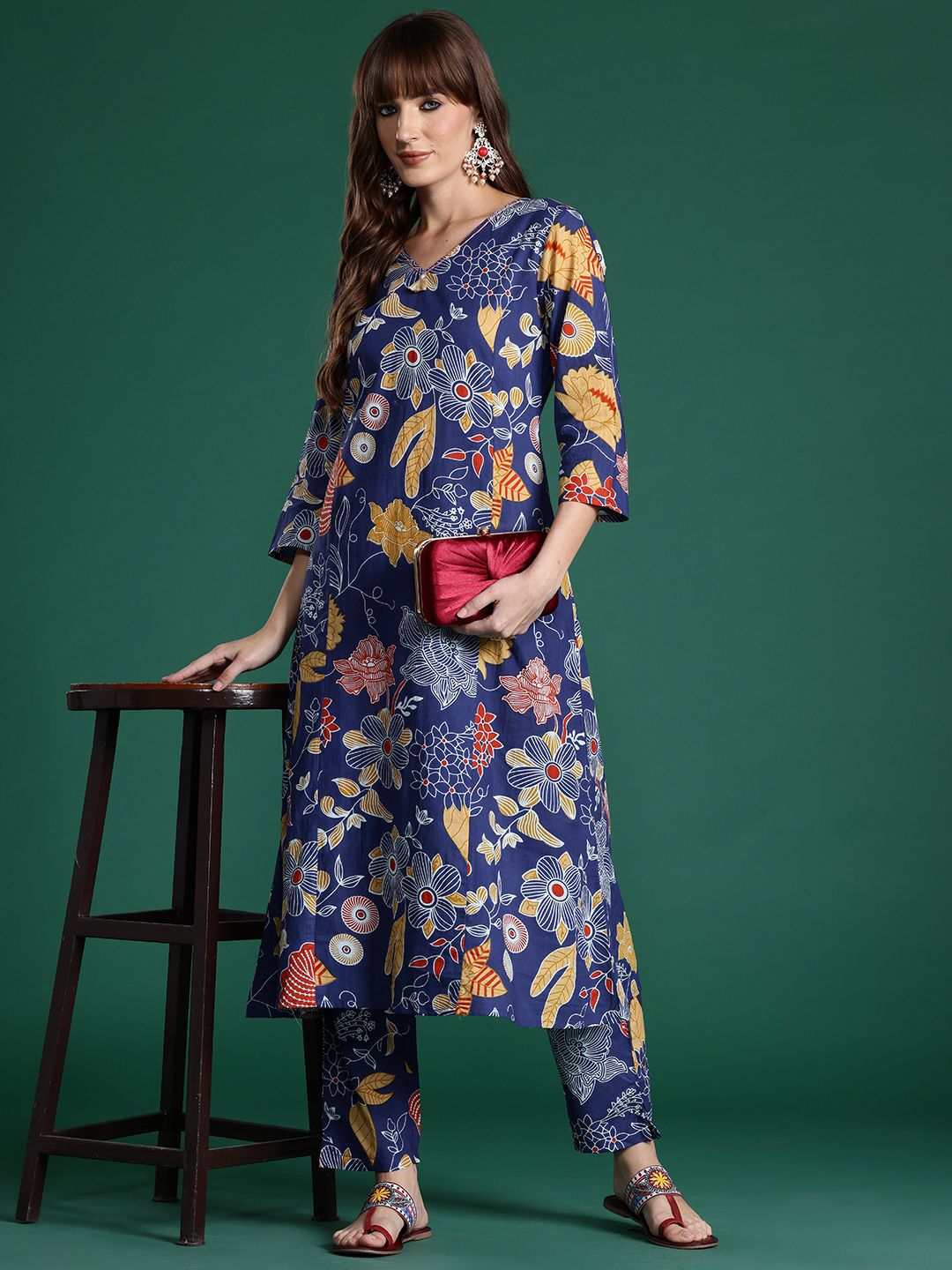 Dhiyona IE Floral Printed Pure Cotton Kurta with Trousers