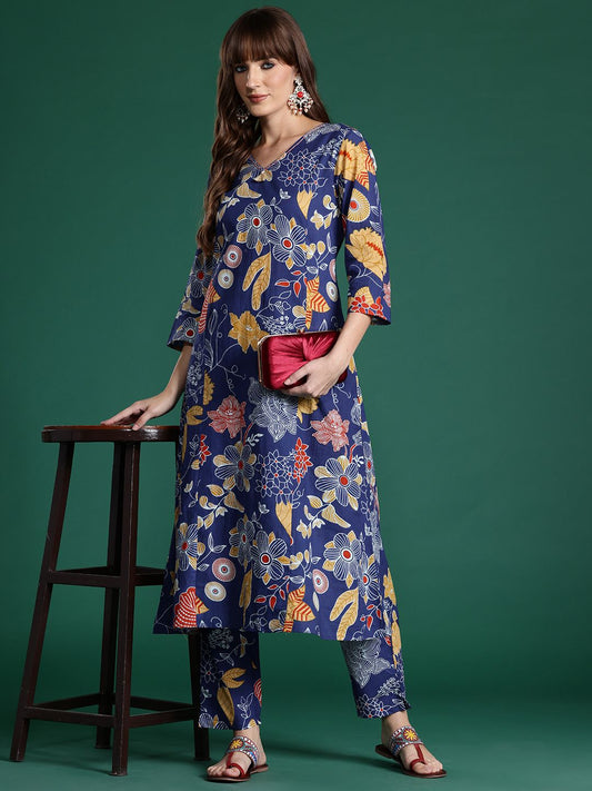 Floral Printed Pure Cotton Kurta with Trousers