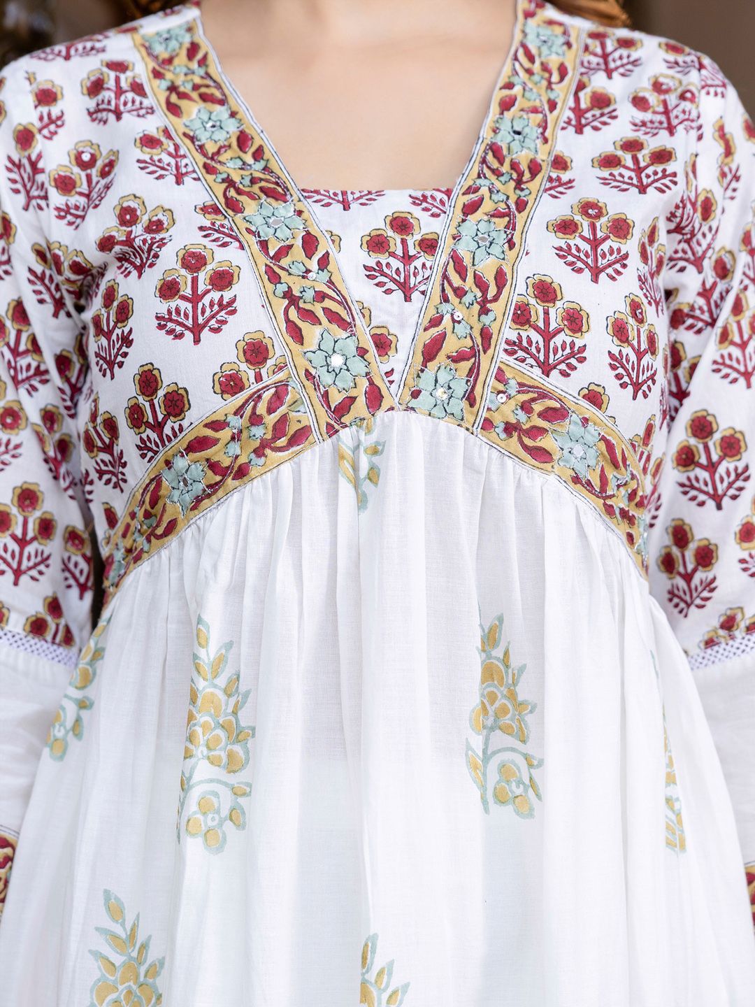 Floral Printed Empire Pure Cotton A-Line Kurta With Trousers & Dupatta