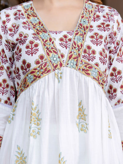 Floral Printed Empire Pure Cotton A-Line Kurta With Trousers & Dupatta