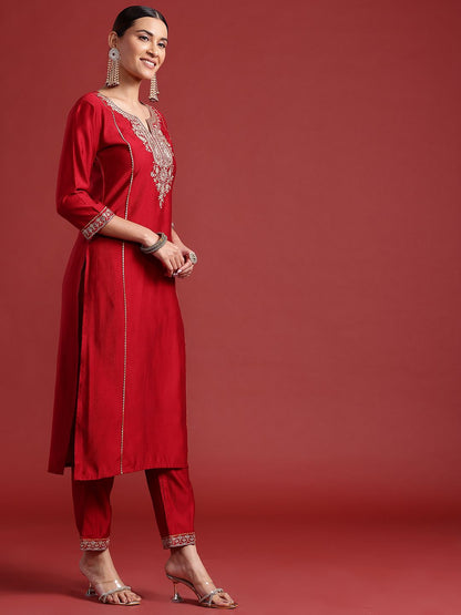 Ethnic Motifs Yoke Design Zari Panelled Liva Kurta With Trousers & Dupatta