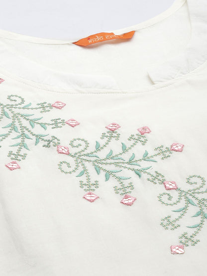 Women White & Pink Floral Embroidered Straight Kurta Trousers Dupatta