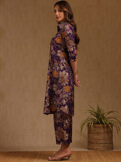 Dhiyona SO Women's Floral Printed Shirt Collar Zari Muslin Straight Kurta With Palazzos