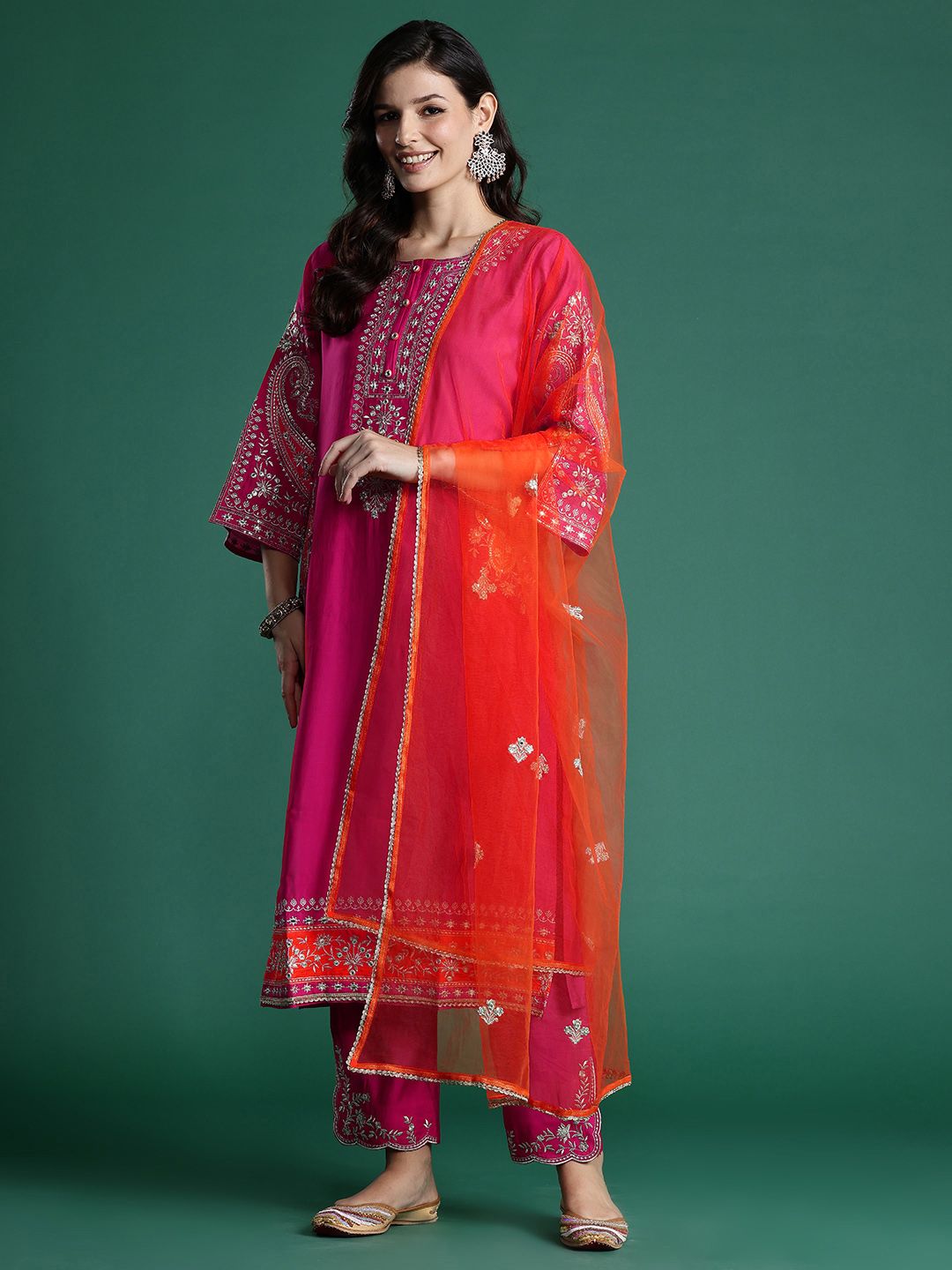 Ethnic Motifs Zari Embroidered Kurta With Trousers & Dupatta