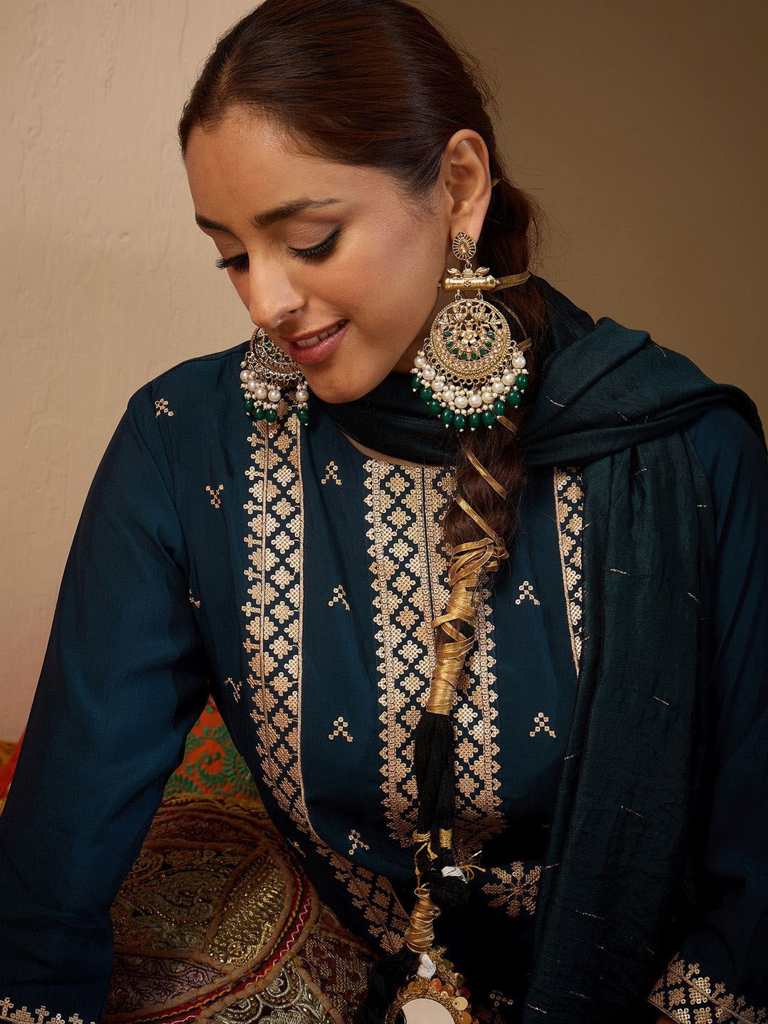 Women Ethnic Motifs Embroidered Regular Sequinned Kurta with Trousers & With Dupatta