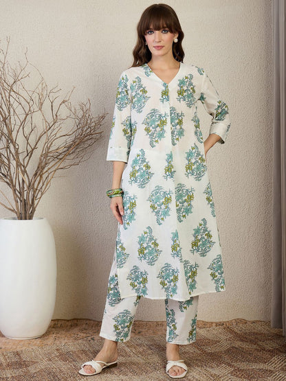 Floral Printed V Neck A Line Pleated Pure Cotton Kurta With Trousers