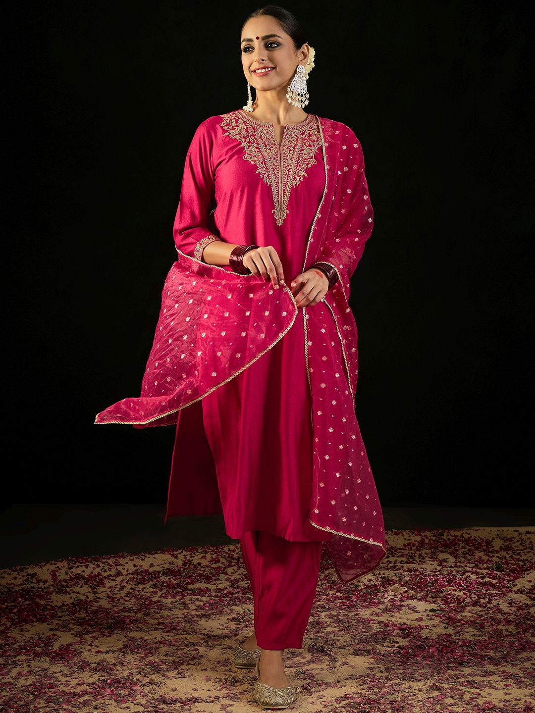 Dhiyona IE Notched Neck Ethnic Motifs Embroidered Liva Kurta with Trouser & Dupatta