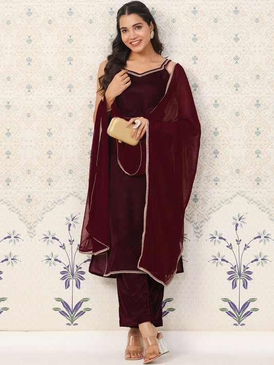 Dhiyona OD  Velvet Straight Kurta & Trousers With Dupatta