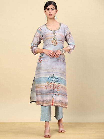 Dhiyona SO Women's Floral Printed Regular Beads and Stones Kurta with Trouser