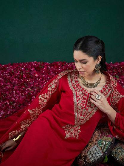 Dhiyona IE Red Ethnic Motifs Embroidered Regular Kurta with Trousers & Dupatta