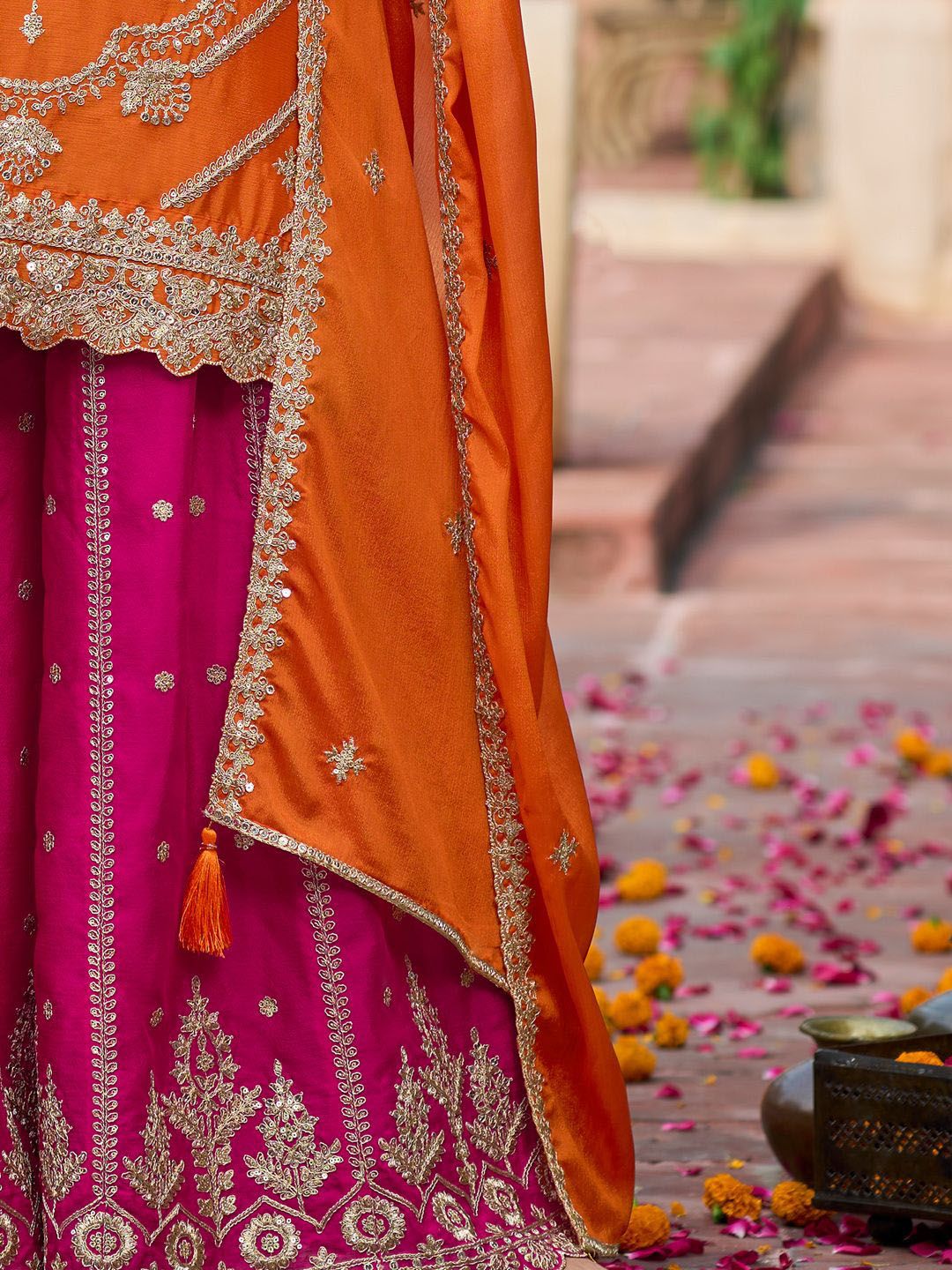 Floral Embroidered Sequinned Chinon Straight Kurta With Palazzos & Dupatta