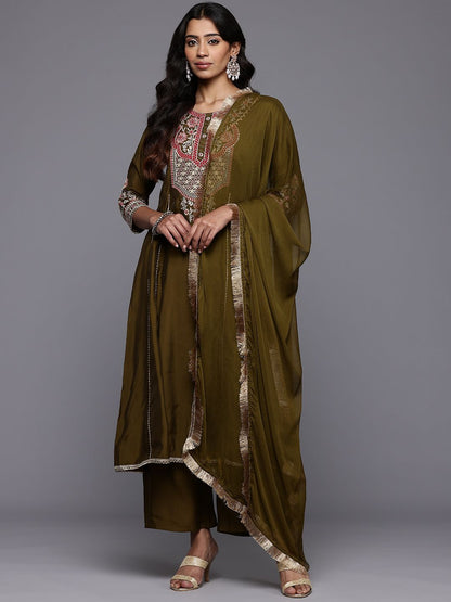 Dhiyona VA Women'sFloral Embroidered Zari Panelled Kurta With Palazzos & Dupatta
