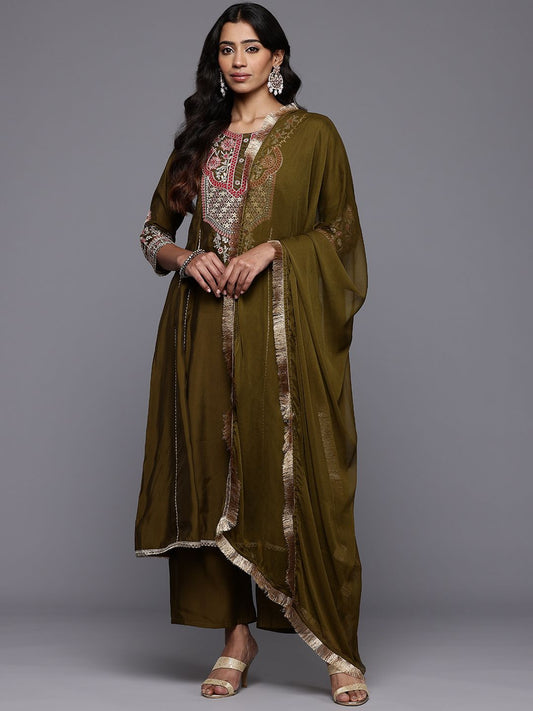 Dhiyona VA Women'sFloral Embroidered Zari Panelled Kurta With Palazzos & Dupatta