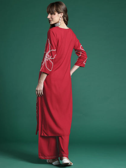 Dhiyona IE Floral Embroidered Regular Thread Work Kurta with Palazzos